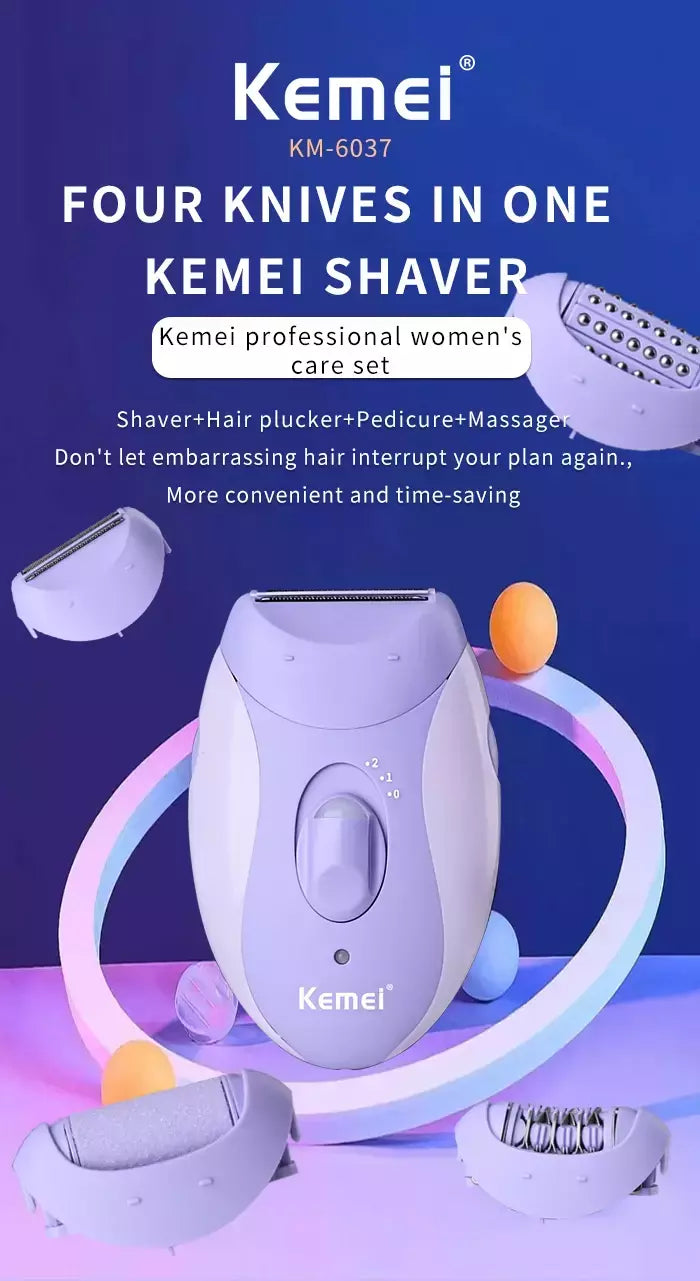 Kemei-Depiladora Elétrica Recarregável para Mulheres, 4in 1, Depilação Facial do Corpo, Aparador de Biquíni para Pernas, axilas