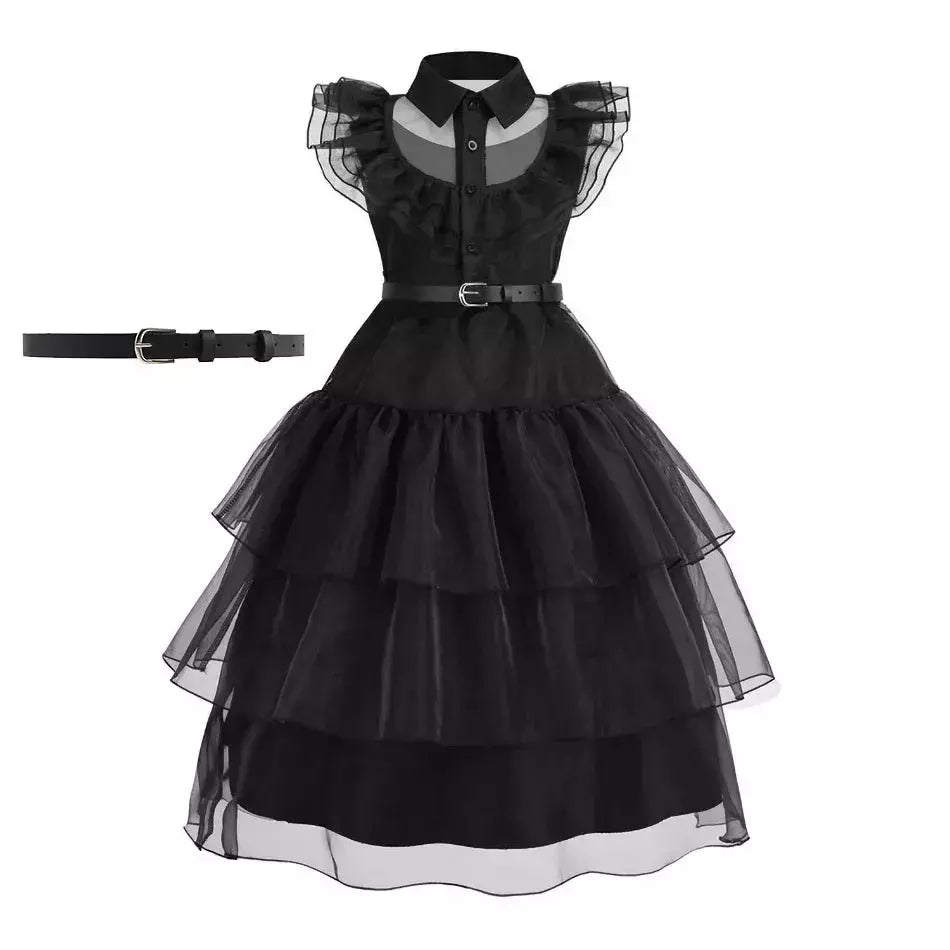 Crianças addams traje do bebê meninas família cosplay traje de halloween crianças família dança vestido preto quarta-feira pageant fantasia