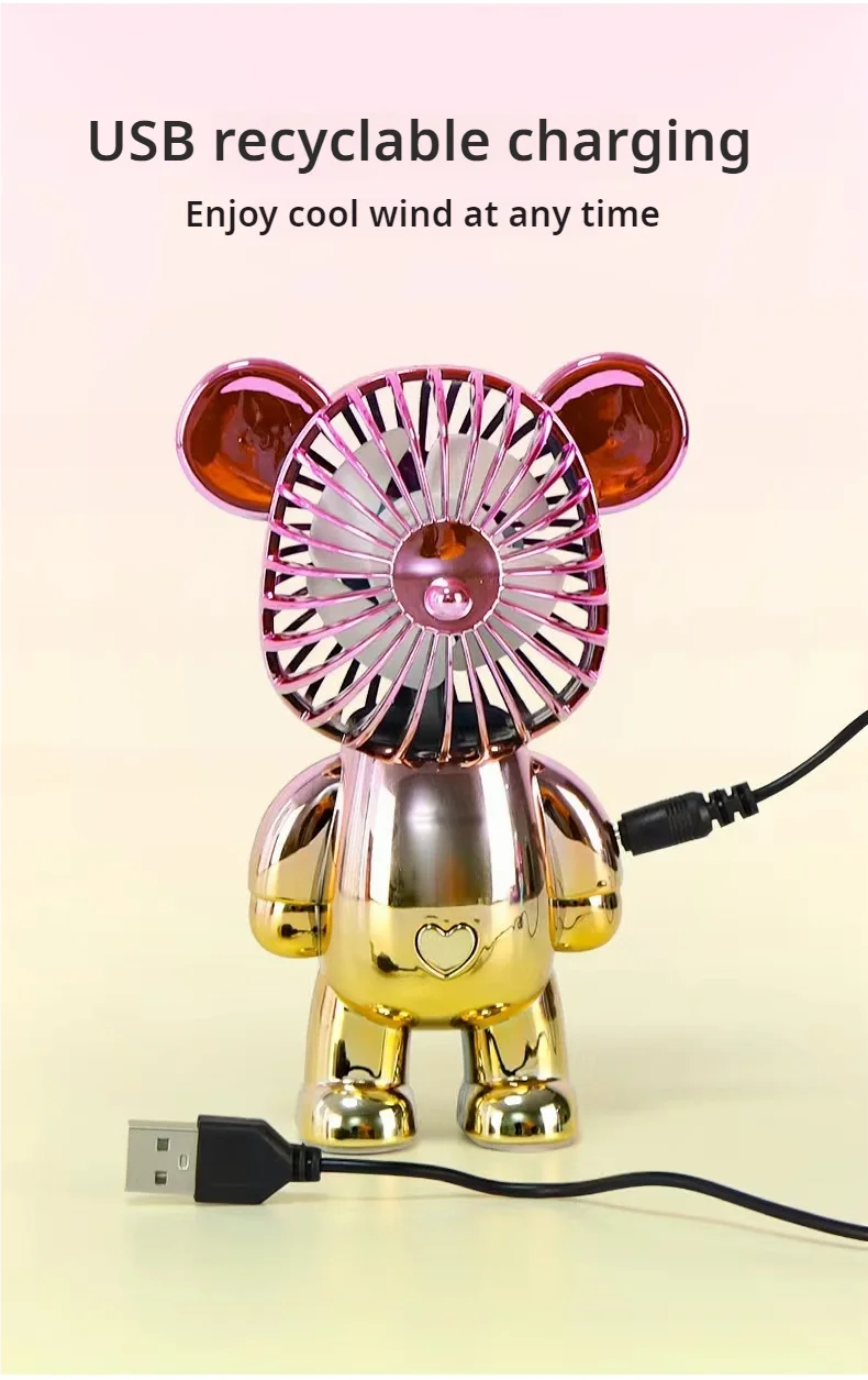 2024 galvanoplastia mudança gradual urso ventilador mini cor graffiti ventilador portátil de carregamento usb pequeno ventilador refrigeração ventiladores elétricos
