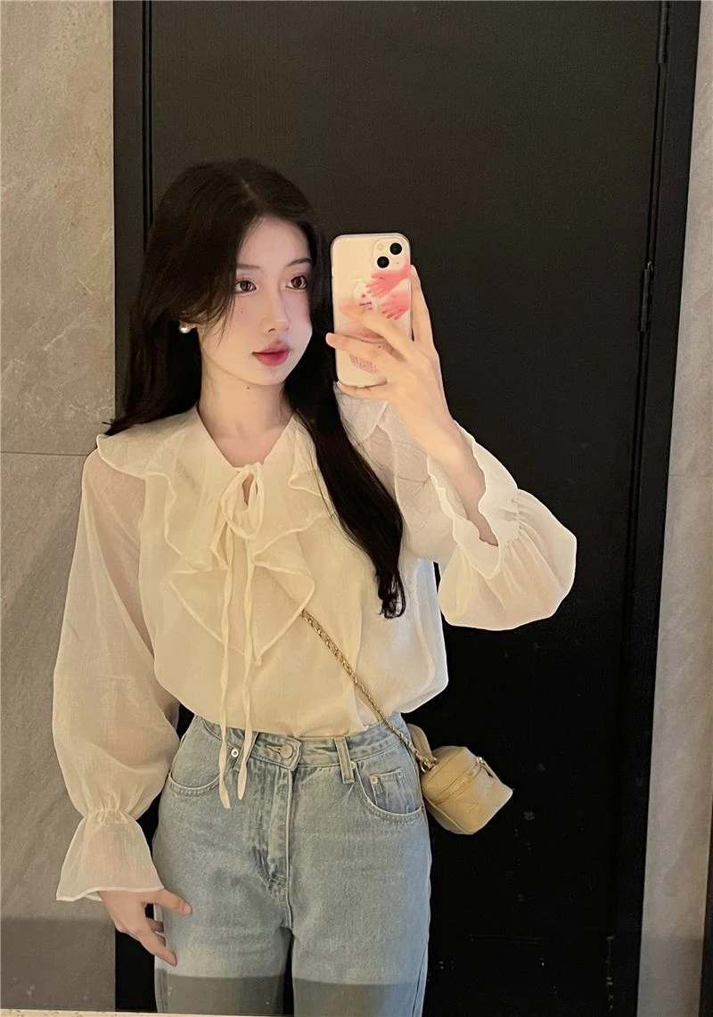 GIDYQ-Blusa coreana de meia gola aberta para mulheres, camisa de escritório para senhoras, pulôver solto, doce, todos os jogos, tops femininos chiques, sólidos, verão, novos
