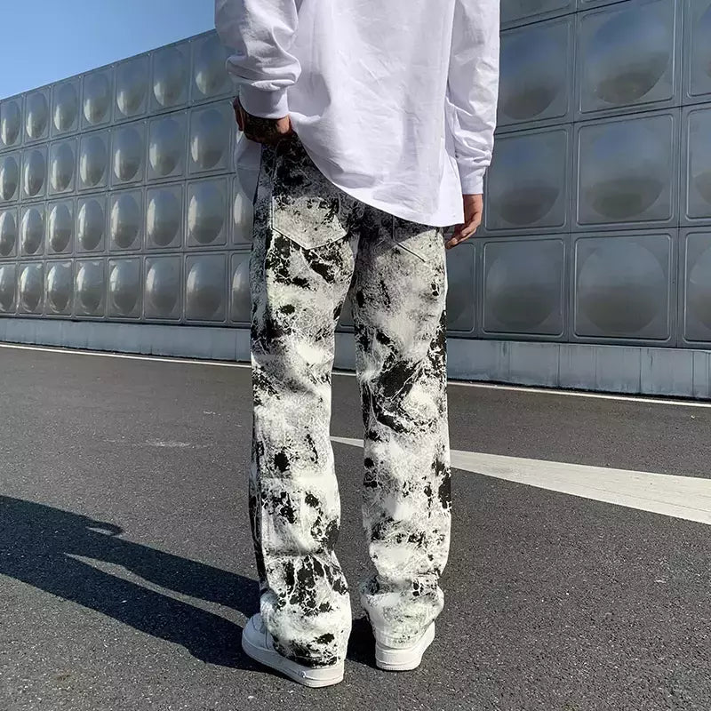 Calça jeans de perna larga larga estilo coreano masculina, calça esfregando, rua alta, hip hop, estampada, moda primavera, 2021