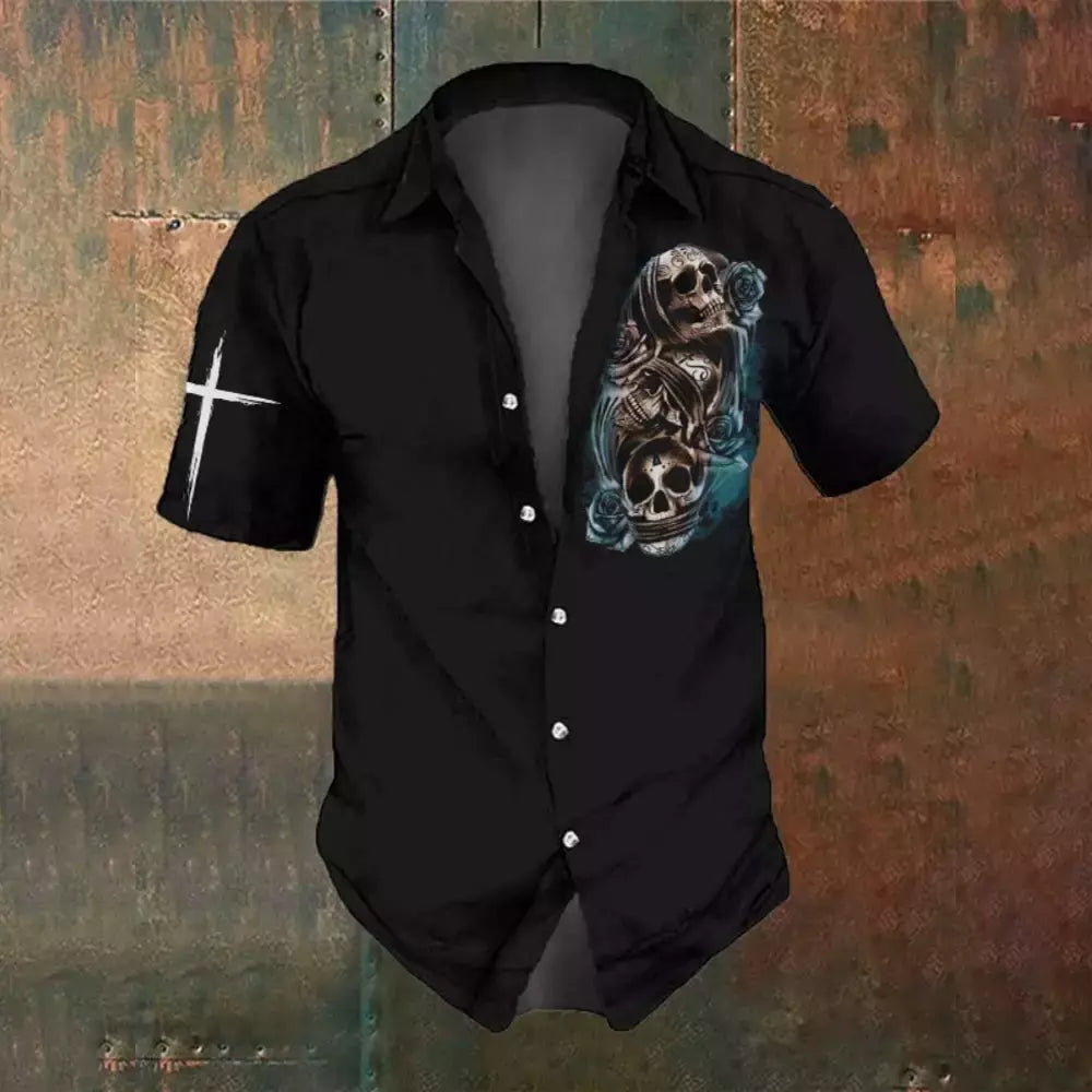Camisa retrô masculina com estampa caveira rosa, roupa de festa, manga curta, casual, na moda, extragrande, tamanho S-5XL, moda, verão