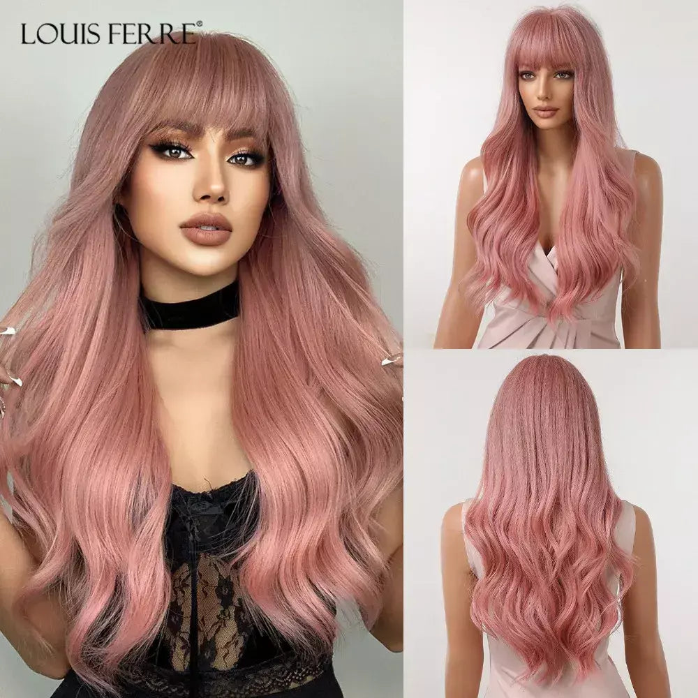 Louis ferre longo ombre loira perucas sintéticas com franja para mulheres onda natural penteado fibra resistente ao calor cosplay perucas marrons