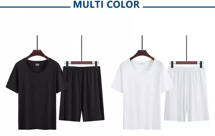 Verão pijamas masculinos terno fino gelo casa roupas traceless manga curta shorts em torno do pescoço casual roupas de verão
