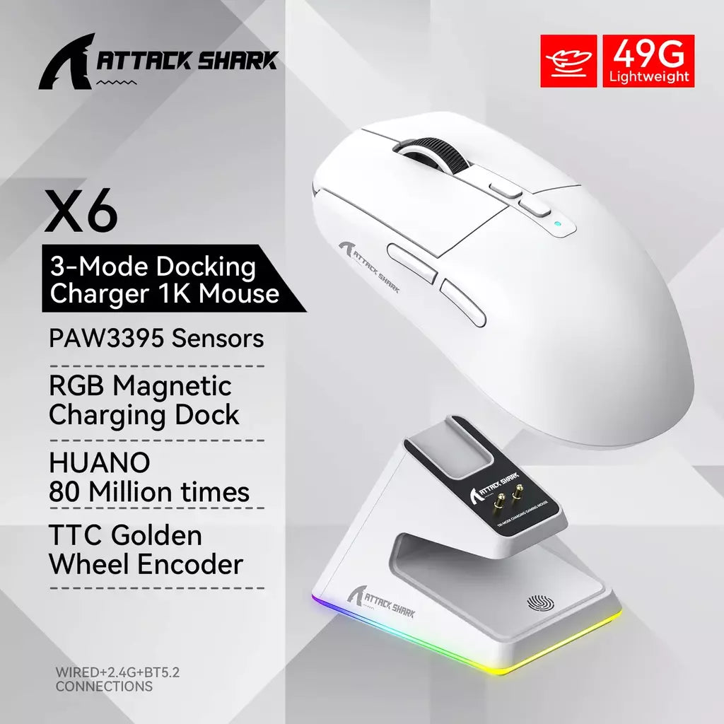 Attack Shark X6 Bluetooth Mouse Gaming Conexão Tri-Mode Sem Fio, Base de Carregamento Magnético Touch RGB PAW3395 Macro Gaming Mouse