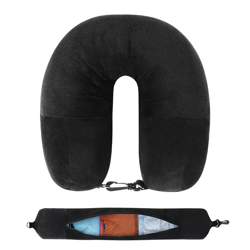 Travesseiro de pescoço para viagem com roupas preenchíveis, fronha em formato de u, capa de veludo, bolsa de armazenamento extra para avião, economia de espaço de viagem