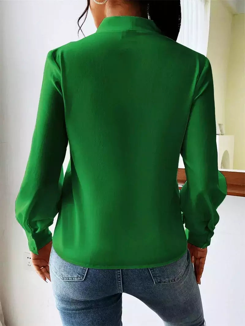 Pulôver de manga comprida com decote V feminino, camisa elegante, estilo britânico, tops urbanos, monocromático, confortável, blusa casual feminina, outono