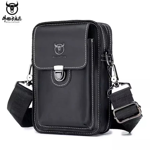 BULLCAPTAIN-Pacotes de Cintura de Couro Genuíno para Homens, Cinto Casual, Bolsa de Telefone Móvel 100% Couro Pequena Bolsa de Ombro
