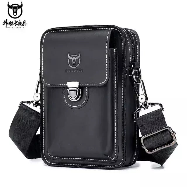 BULLCAPTAIN-Pacotes de Cintura de Couro Genuíno para Homens, Cinto Casual, Bolsa de Telefone Móvel 100% Couro Pequena Bolsa de Ombro
