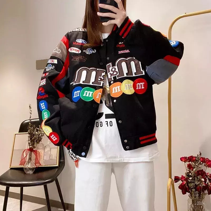 Sobretudos bordados para mulheres, uniforme de beisebol, jaqueta solta, casacos vintage, estampa de motocicleta, moda, outono e inverno