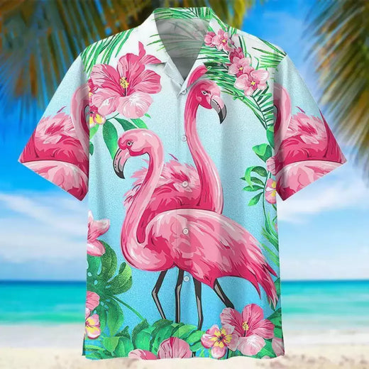 Flamingo desenho animado 3D dos homens camisa havaiana, roupas de praia extragrandes, manga curta, moda, verão, venda quente