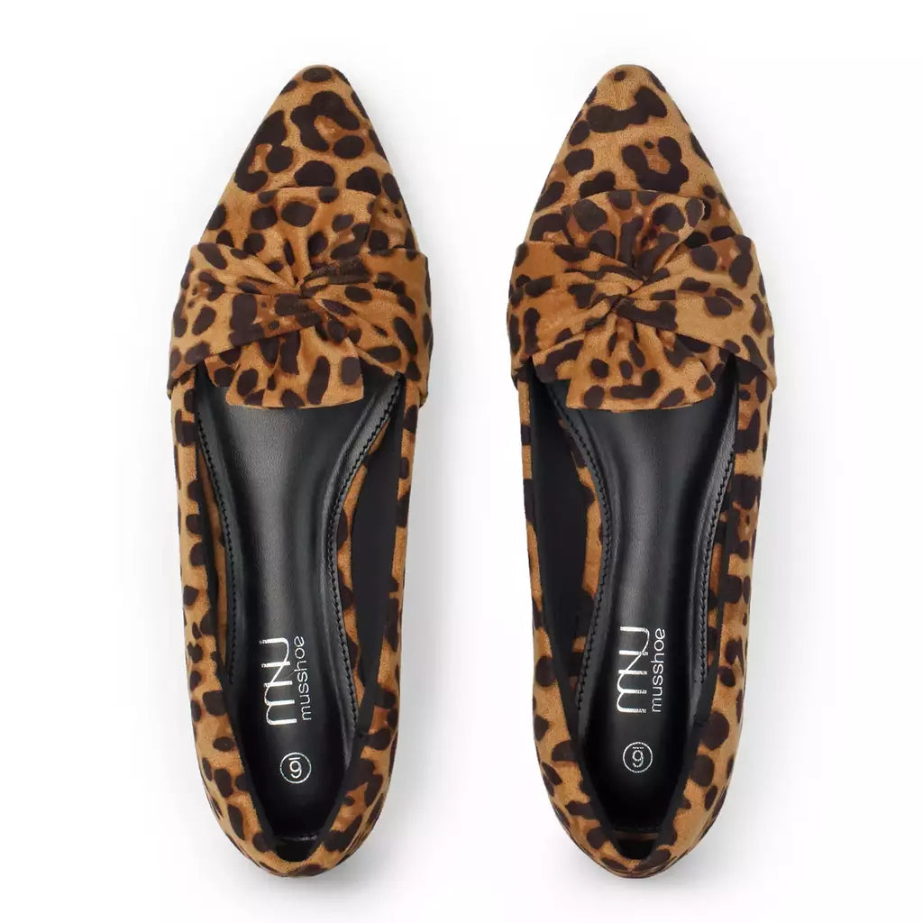 Sapatos baixos com estampa leopardo para mulheres, nó borboleta, dedo apontado, salto baixo, mocassins casuais, calçado de caminhada