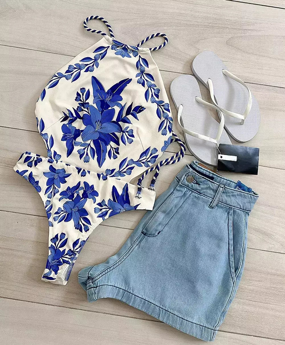 Maiô vintage de uma peça para mulheres, estampa retrô, moda praia halter, monokini sexy, maiô feminino, novo, 2024