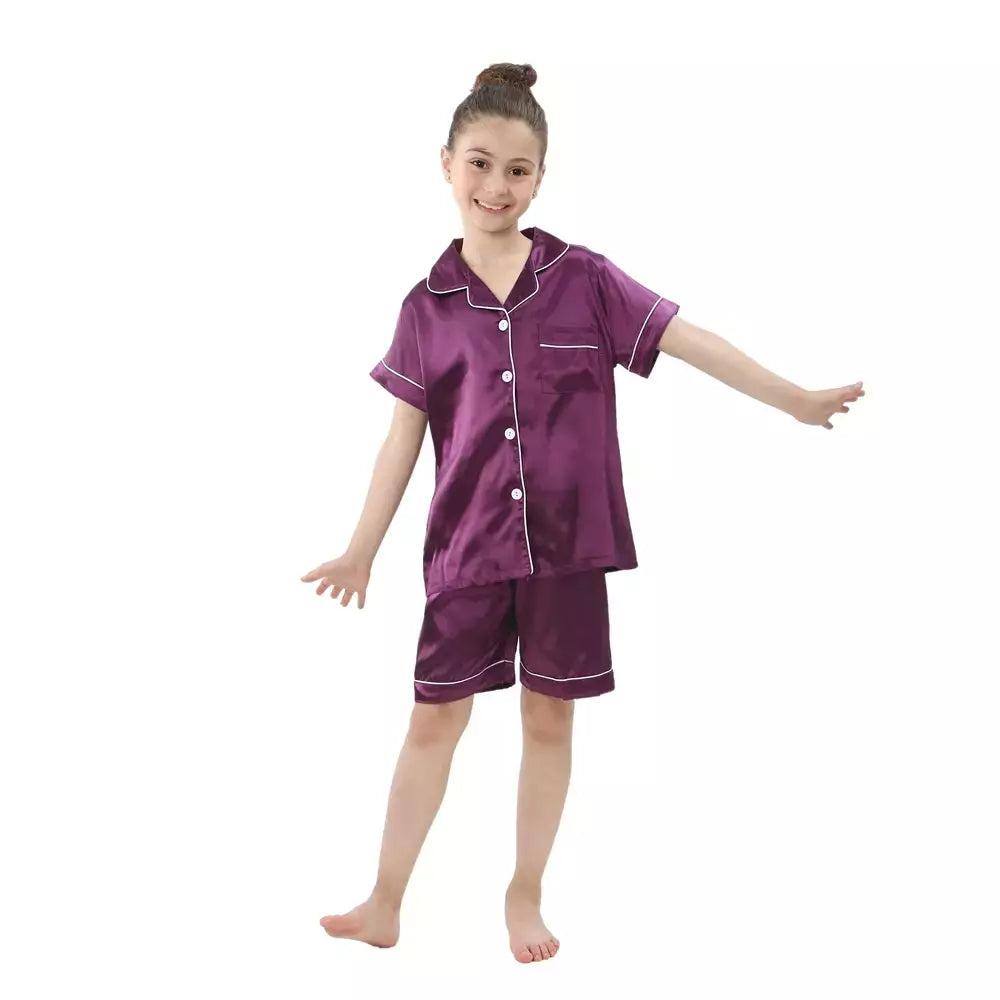 Pijama de seda menino e menina, pijama de seda infantil de 2 a 14 anos, criança pequena, pijama de seda de manga curta, pijama de seda