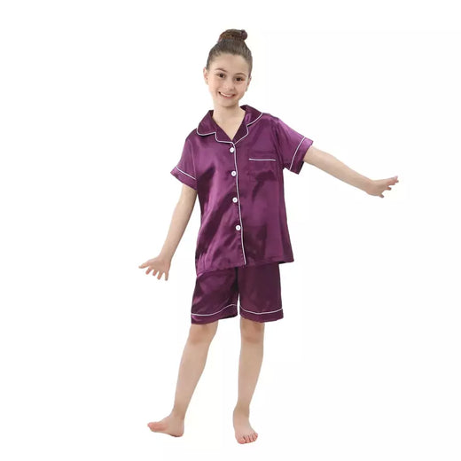 Pijama de seda menino e menina, pijama de seda infantil de 2 a 14 anos, criança pequena, pijama de seda de manga curta, pijama de seda