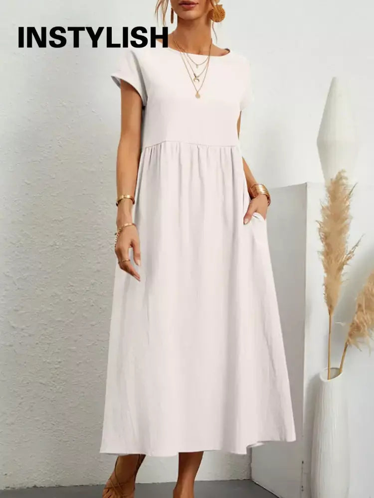 Vintage sólido midi vestido casual manga curta algodão e linho harajuku oversized vestido longo feminino verão y2k maxi vestido de verão 2023