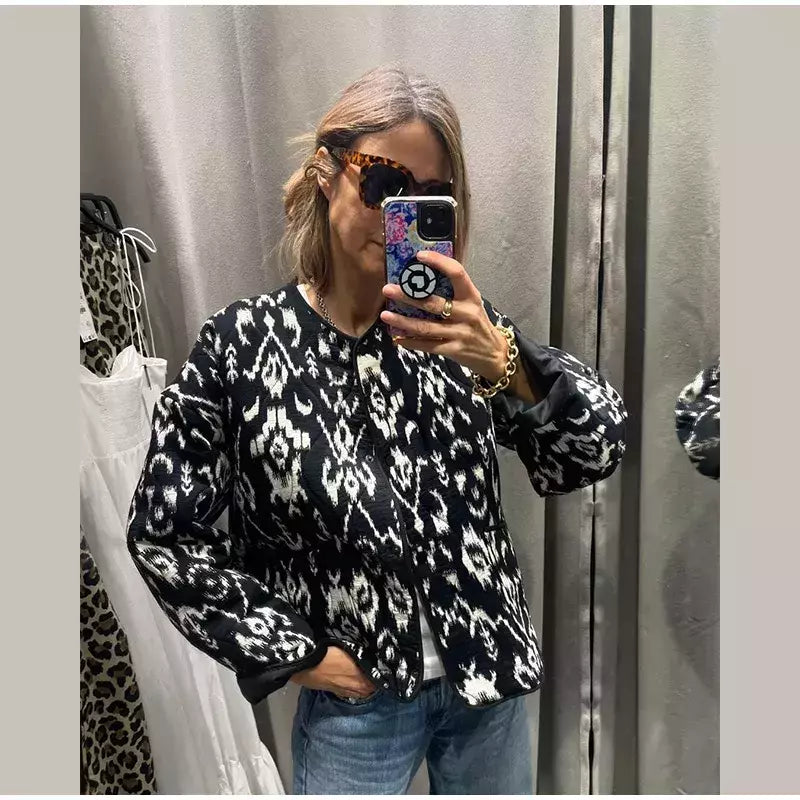 Casaco de algodão estampado de peito único feminino, bolsos elegantes, jaqueta de mangas compridas, streetwear com gola O, moda senhora, outono, inverno, 2024