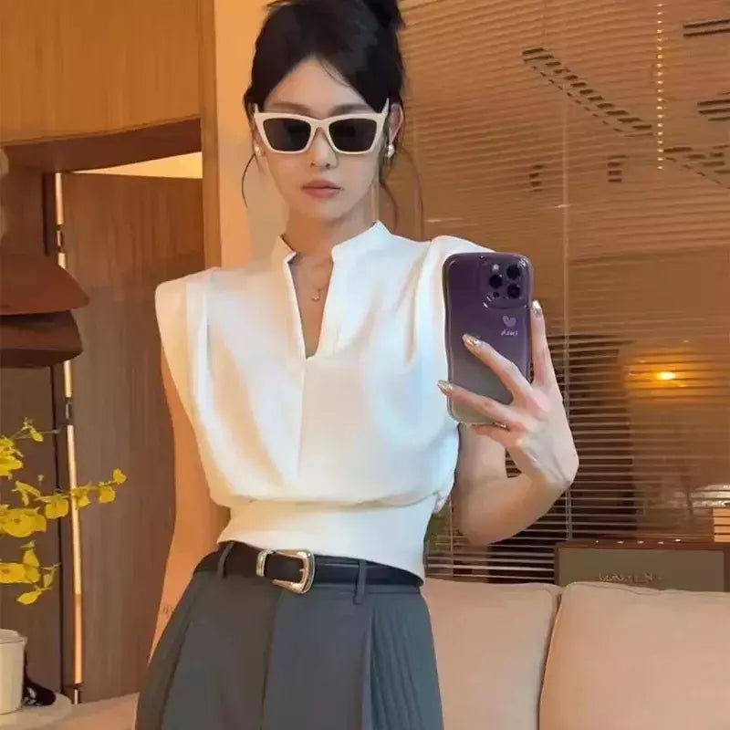 MEXZT-Blusas elegantes sem mangas com decote em v para mulheres, senhora do escritório, casual preto coreano, todos os jogos chiques, verão, branco, novo