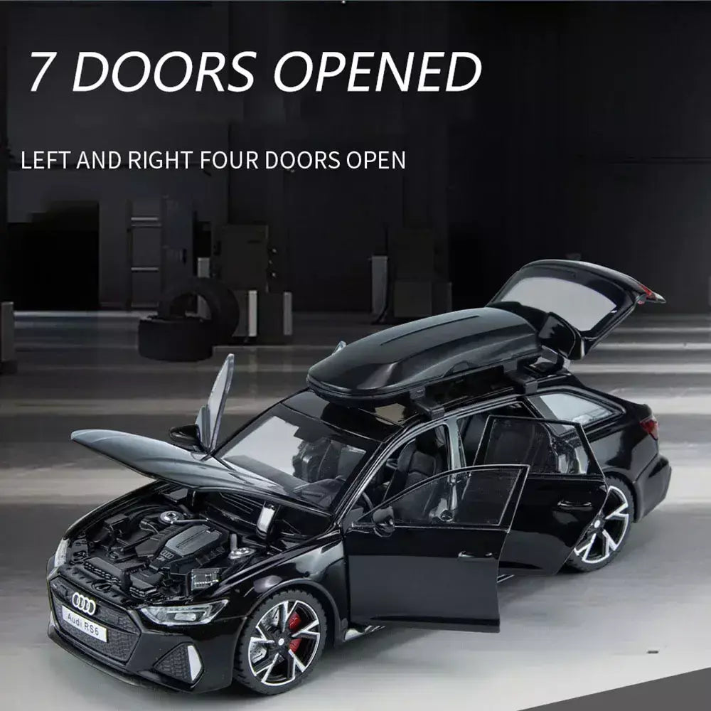 1:32 Audi RS6 Modelo de carro de brinquedo com portas de som e luz, modelo fundido de liga aberta, coleção de veículos para meninos e adultos, presente de festival