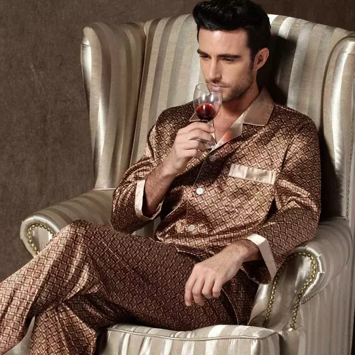 Conjuntos de pijama masculino de cetim de seda manga comprida, pijamas masculinos, camisola estampada, Casa, Soft Cozy Sleepwear Calças, Novo