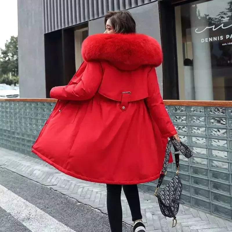 Parka longa e acolchoada feminina com forro de lã, jaqueta com capuz, gola de pele, quente, grossa, neve, roupas grandes, inverno