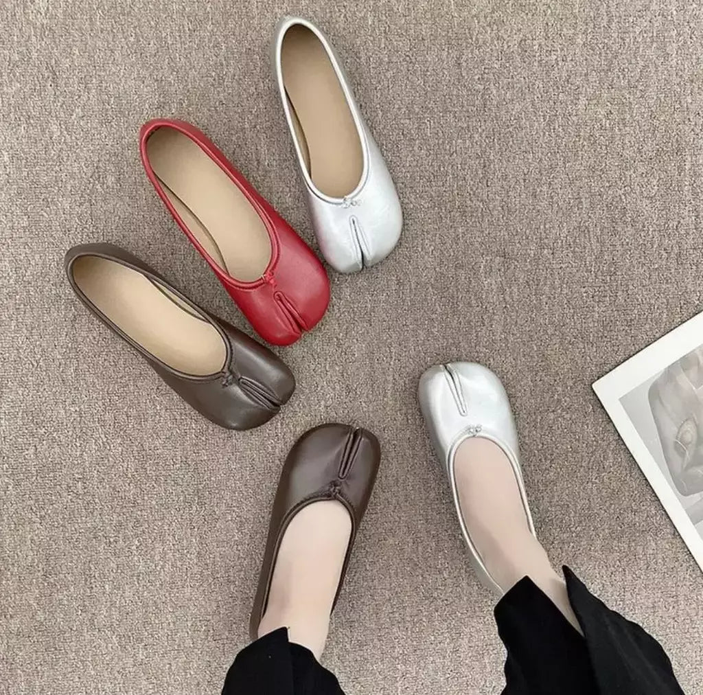 Mocassins de couro aconchegantes estilo japonês para mulheres, sapatilha de bailarina feminina, casco dividido, ninja tabi flats, Mary Jeans, sapato mocasines