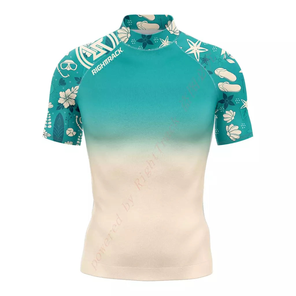 Rashguard dos homens novos Manga Curta Surf Camisas Protetor Solar Lycra Tecido Surf Camisola Proteção UV RightTrack Swimwear