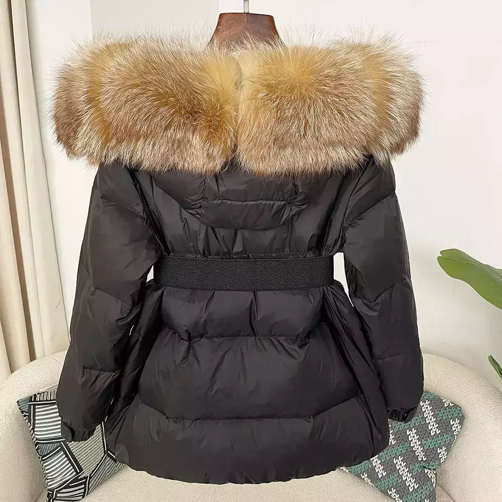 Oftbuy 2024 jaqueta de inverno feminina gola de pele de raposa natural real com capuz grosso quente 90% pato branco para baixo casaco feminino streetwear casual