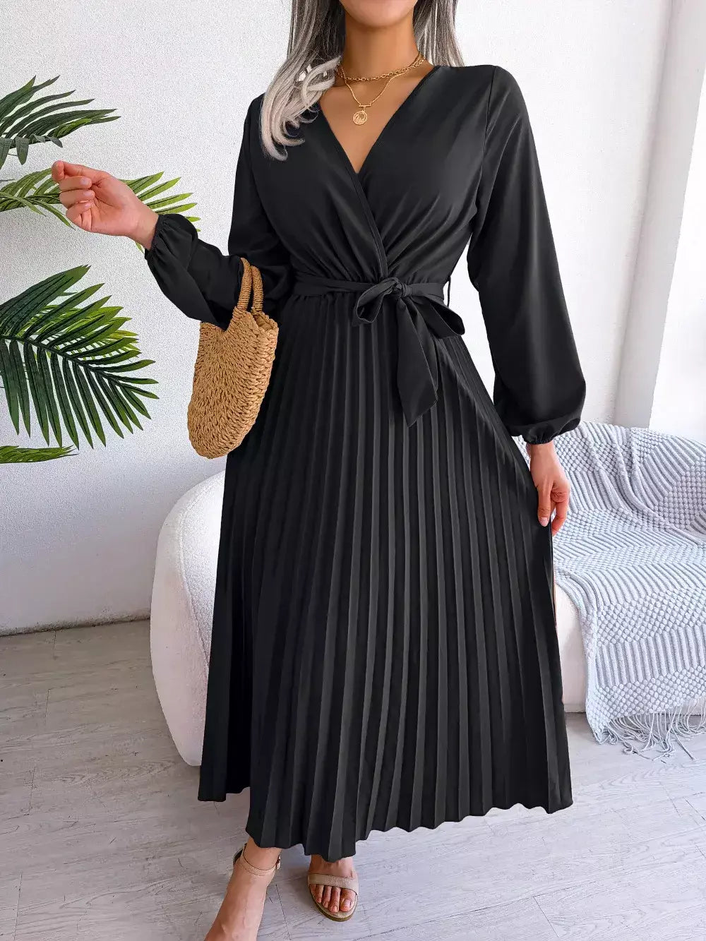 Elegante V Neck manga comprida das mulheres plissado vestido Maxi