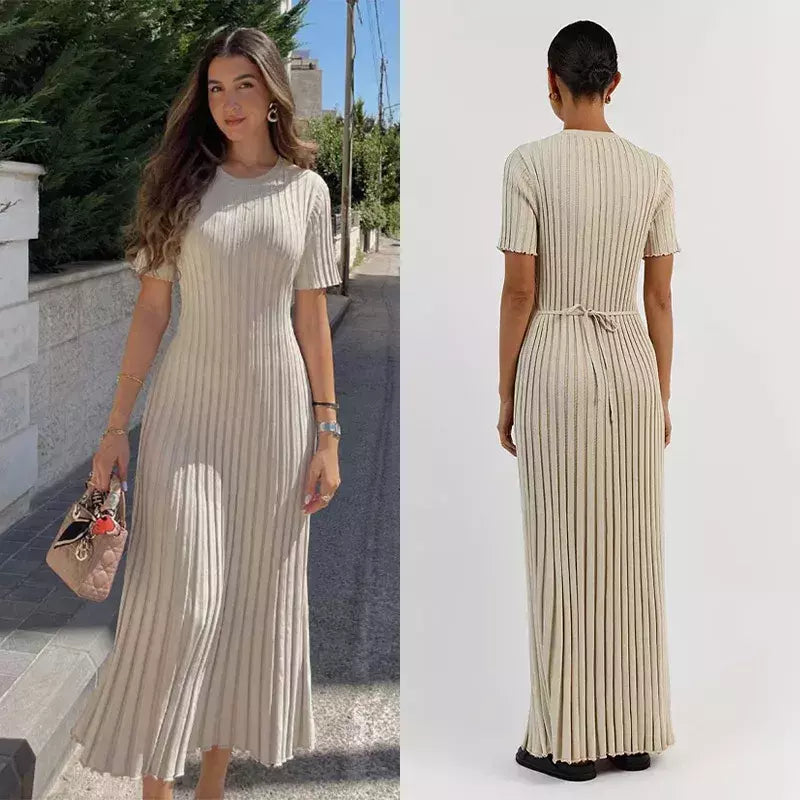 Vestido longo de malha monocromática feminino, manga curta, vestido feminino plissado, gola em O, quadril, primavera, moda verão, feminino, 2022