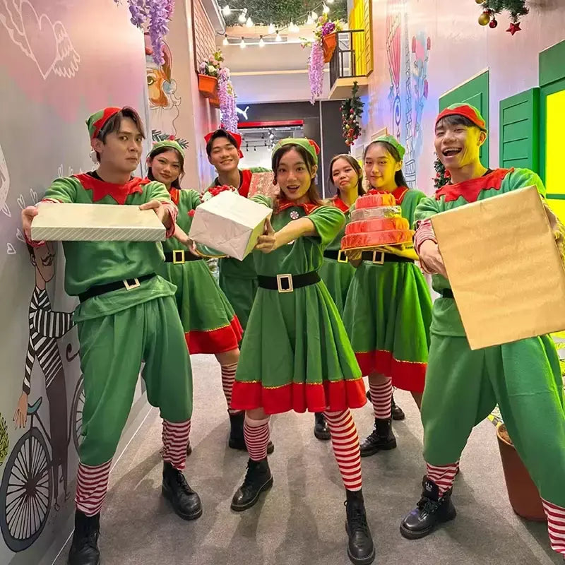Natal papai noel traje elfo verde cosplay família carnaval festa de halloween fantasia vestido conjunto roupas para homens mulheres meninas meninos