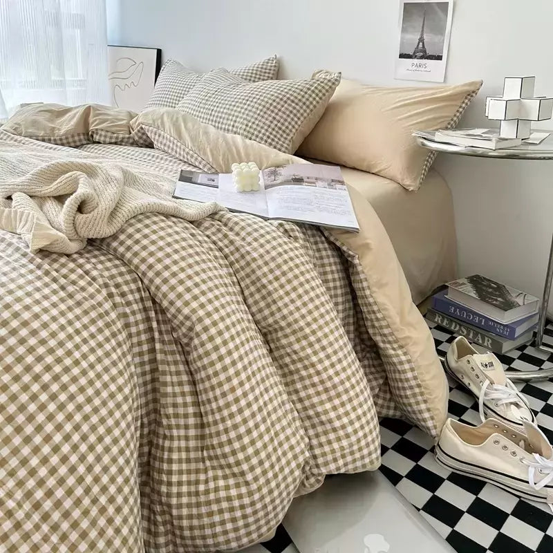 Conjunto de roupa de cama de algodão lavado, listrado, grade, lençol minimalista, consolador, capa de edredão rainha, duplo para meninos e meninas