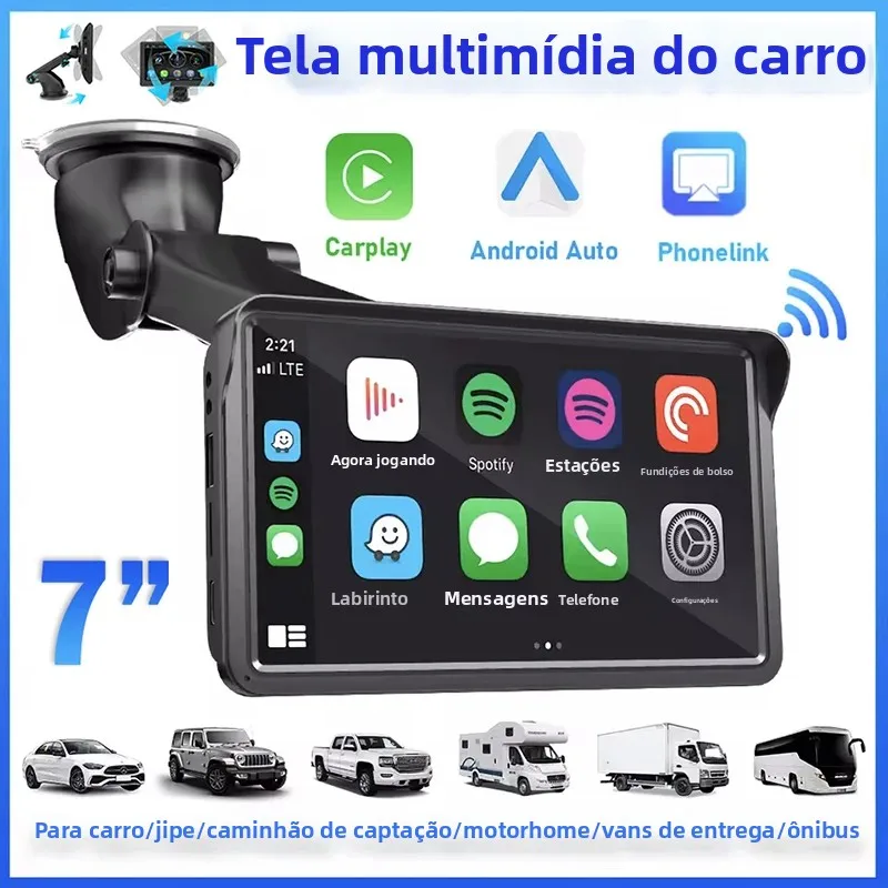 Reprodutor de vídeo multimídia universal de 7 polegadas Navegação GPS Carplay sem fio Apple Android Auto BT | Compatível com iOS e Android