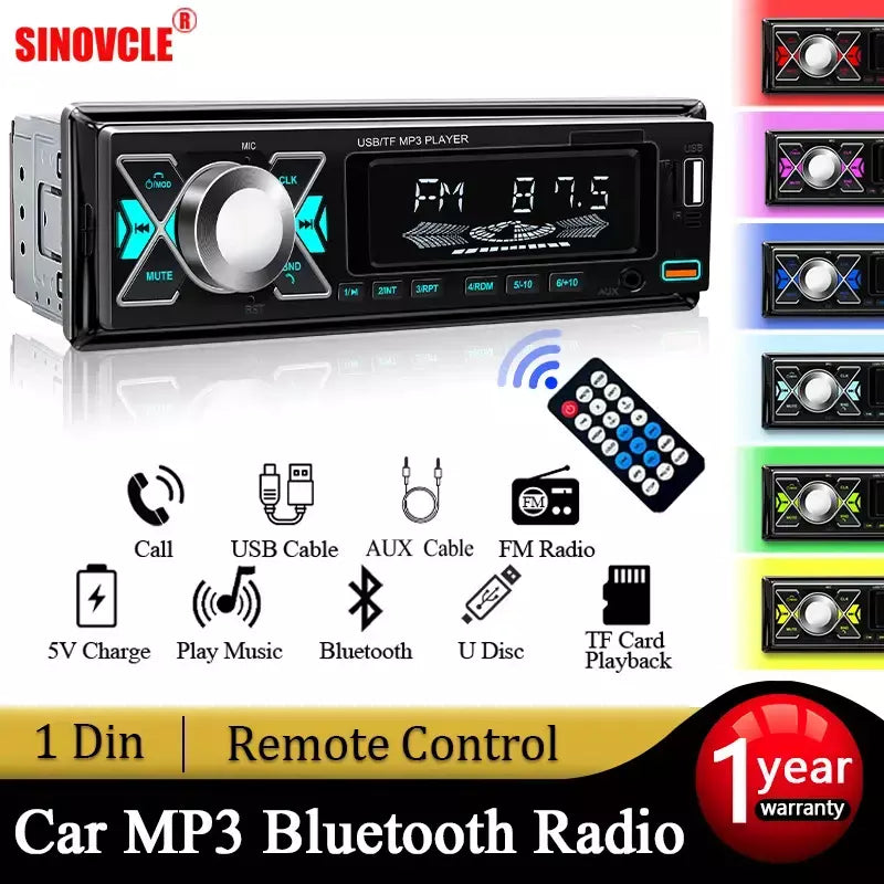 Carro 1 din rádio áudio estéreo mp3 player bluetooth multimídia digital estéreo para carro universal colorido com entrada aux usb