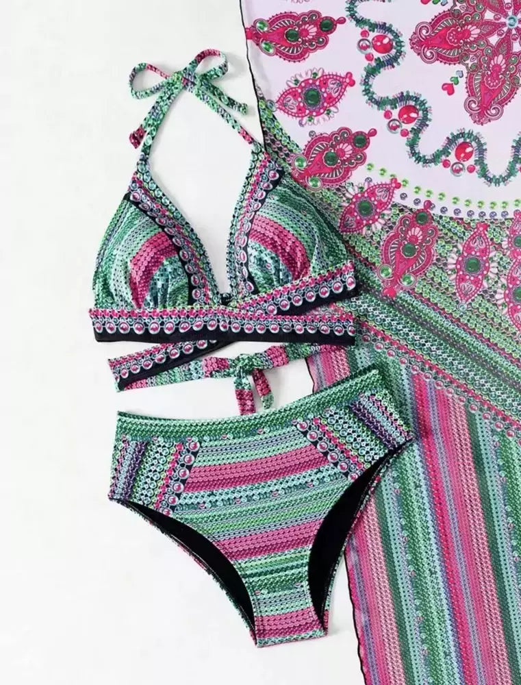 Conjunto de maiô biquíni vintage de três peças, malha Cover Ups, Cross Front Halter, azul, verde, vermelho, cintura alta Beachwear