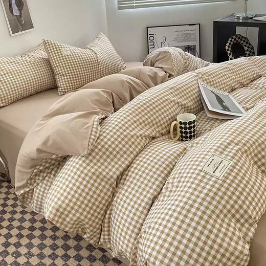 Conjunto de colcha de algodão lavada para dormitório estudantil, cama estilo japonês quadriculada outono e inverno, 4 unid