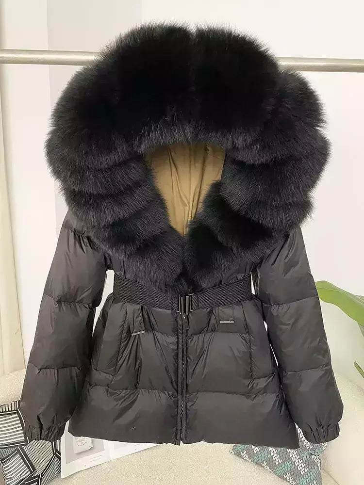 Oftbuy 2024 jaqueta de inverno feminina gola de pele de raposa natural real com capuz grosso quente 90% pato branco para baixo casaco feminino streetwear casual