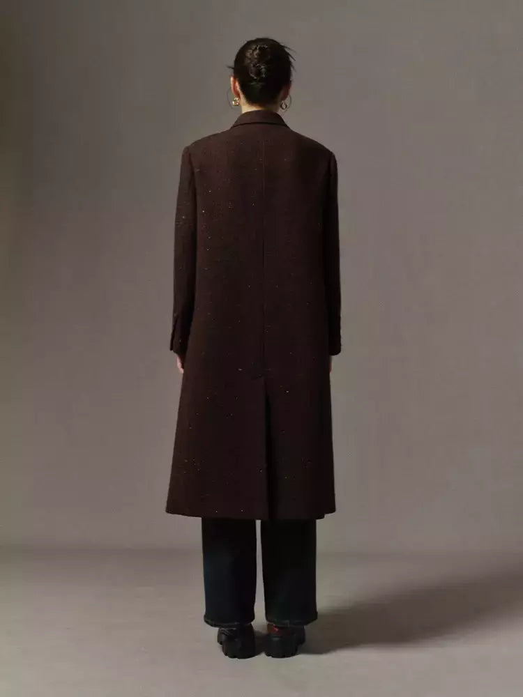 DUSHU-casaco longo de lã de peito duplo para mulheres, design chique, casaco de lã feminino, café escuro, cor marrom, sentido retrô, inverno, 2023