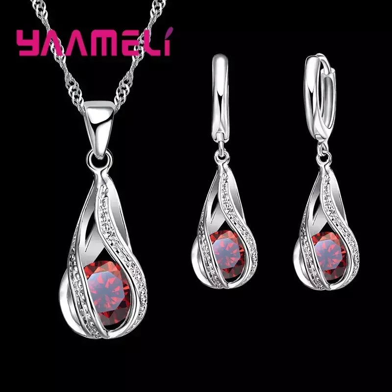 Gota de água quente cz 925 prata esterlina banhado conjunto de jóias para mulheres pingente colar brincos de argola festa de casamento ketey anel