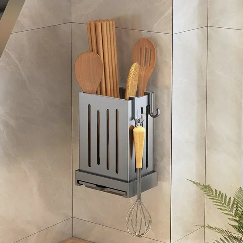1-Piece Kitchen Utensil Rack-Multifunctional Draining Chopstick Holder,Wall-Mounted or Freestanding Cutlery Storage Box, Plastic