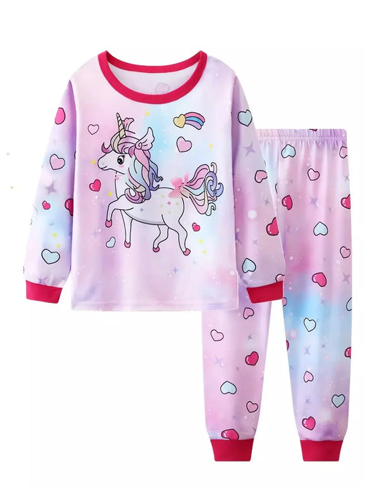 Unicórnio cartoon pijama para meninas, manga longa, duas peças set
