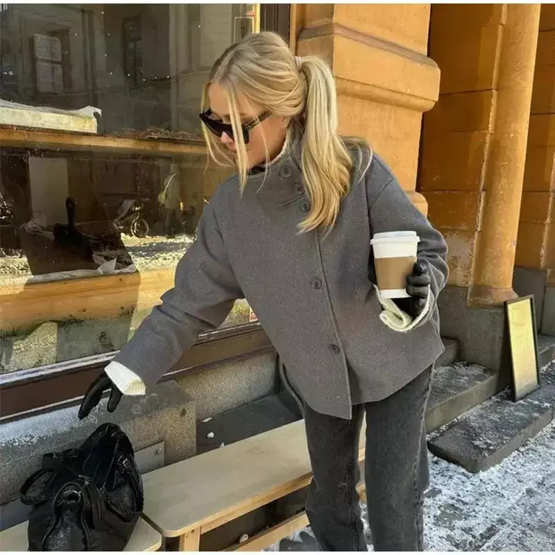 Gola feminina casacos de lã de inverno 2024 nova moda único breasted feminino manga longa jaquetas senhora do escritório rua casaco curto