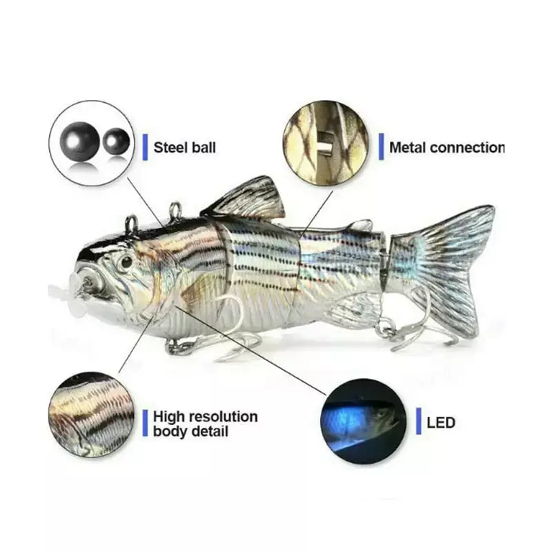 Isca de pesca robótica elétrica automática, isca multiarticulada automática de 4 segmentos, recarregável por usb, acessórios de pesca wobbler