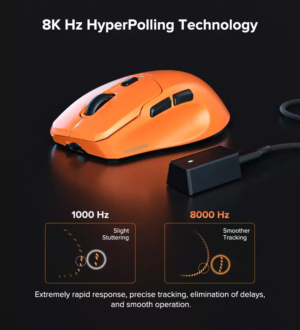 Kysona uranus pro mouse para jogos sem fio mouse ergonômico paw3395 54g 8khz taxa de pesquisa 26000dpi para mão direita grande pc gamer