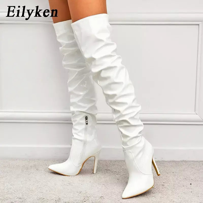 Eilyken-Patent Leather Apontado Toe Salto Alto para Mulheres, Botas Vermelhas Sobre o Joelho, Sapatos de Zíper Lateral, Stiletto Sólido, Calçado Feminino
