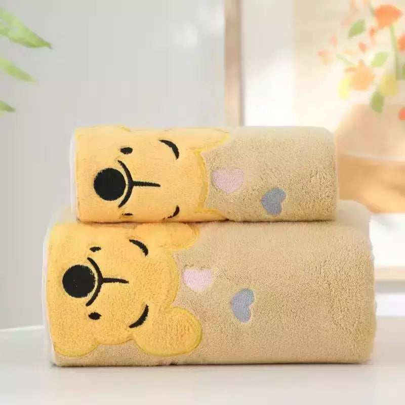Winnie Bear Bath Towel Set para Crianças, Macio e Absorvente, Coral Velvet, Home Wash, Desenhos animados