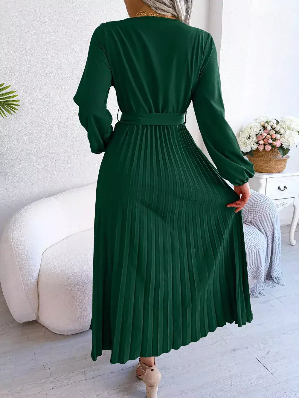 Elegante V Neck manga comprida das mulheres plissado vestido Maxi