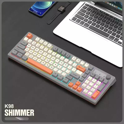 Teclado sem fio multifuncional, Luz do arco-íris, 2.4G, Bluetooth, Conexão de modo duplo, Adequado para computador e laptop, 98 teclas