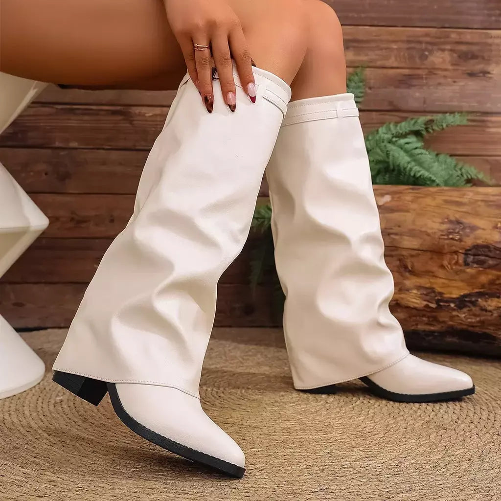 Moda plissada bota de salto alto outono novo tamanho grande estilo britânico calças de tubo alto bota feminina transfronteiriça lindamente