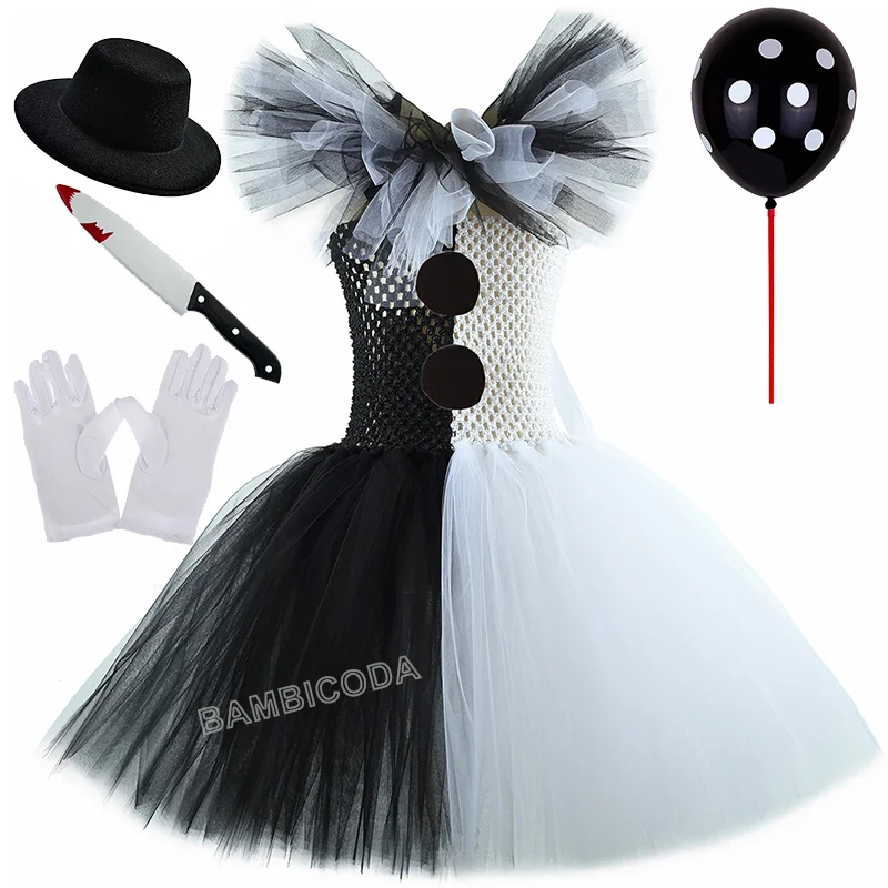 O traje de palhaço terrível arte menina preto branco fantasia tutu vestido horror coringa vestido para meninas trajes de festa de carnaval de halloween